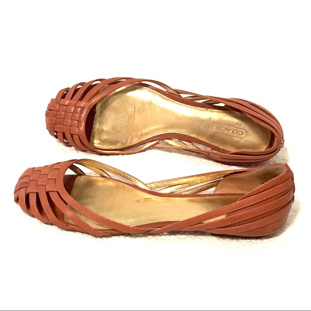 Tan COACH Woven Leather Flats Sandals, Sz 7.5